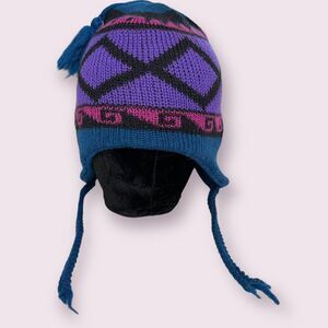 Vintage Wigwam Beanie Hat Earflap Cap Wool Knit Blue Purple Pink Braid Pom USA